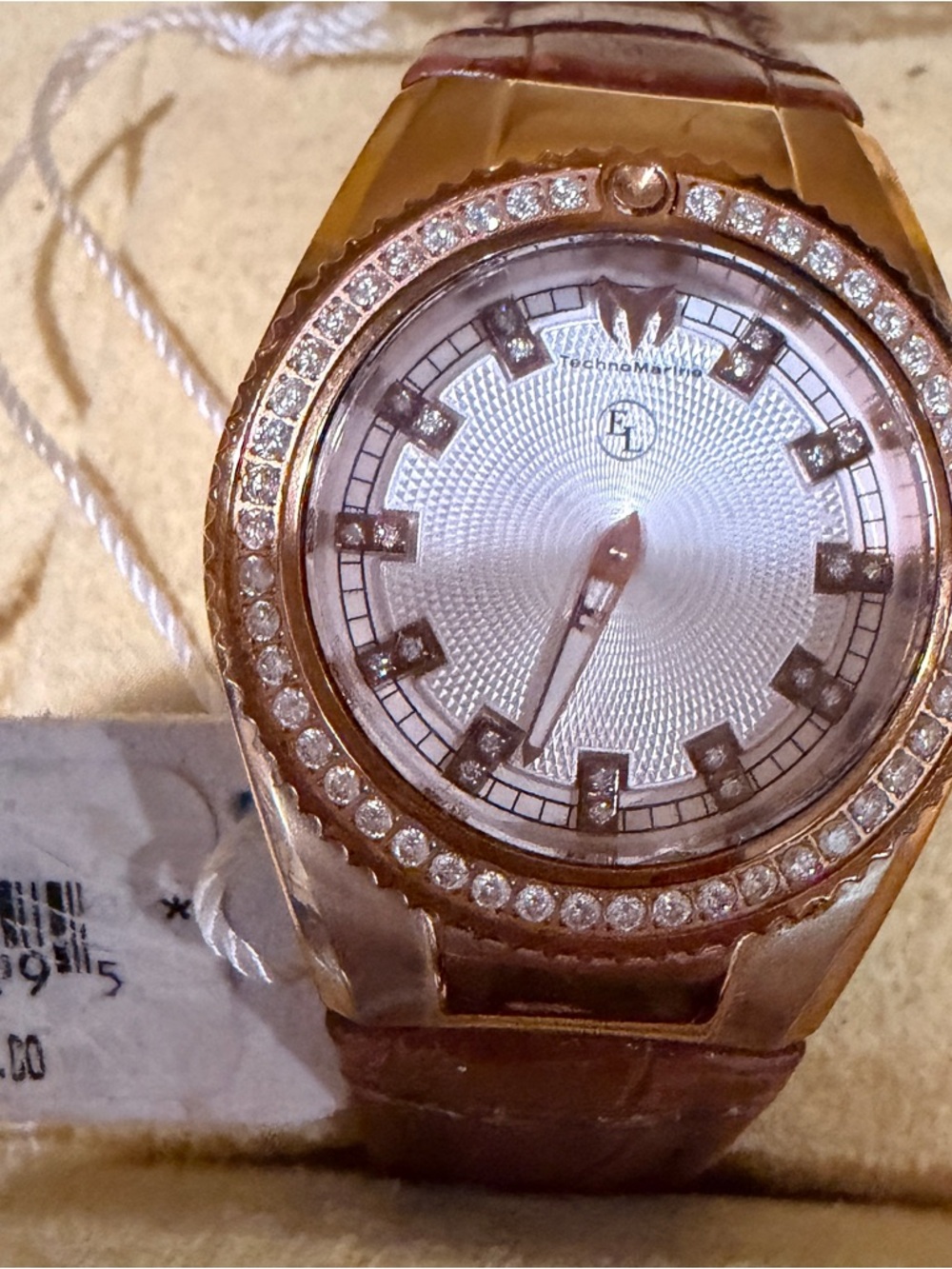 Technomarine Rose Gold Crystal Bezel Brown Leather Strap Watch